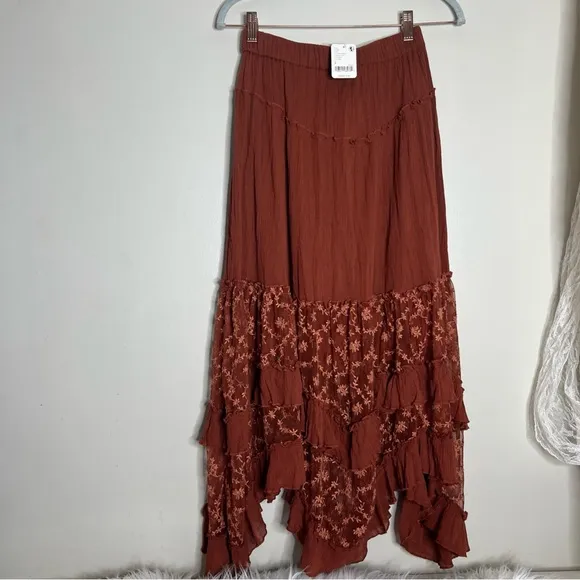 Free People Ashlyn Tiered Ruffles Lace Embroidered Maxi Skirt S