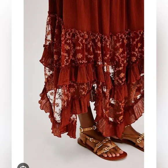 Free People Ashlyn Tiered Ruffles Lace Embroidered Maxi Skirt S