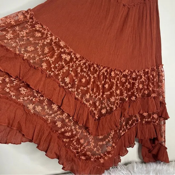 Free People Ashlyn Tiered Ruffles Lace Embroidered Maxi Skirt S