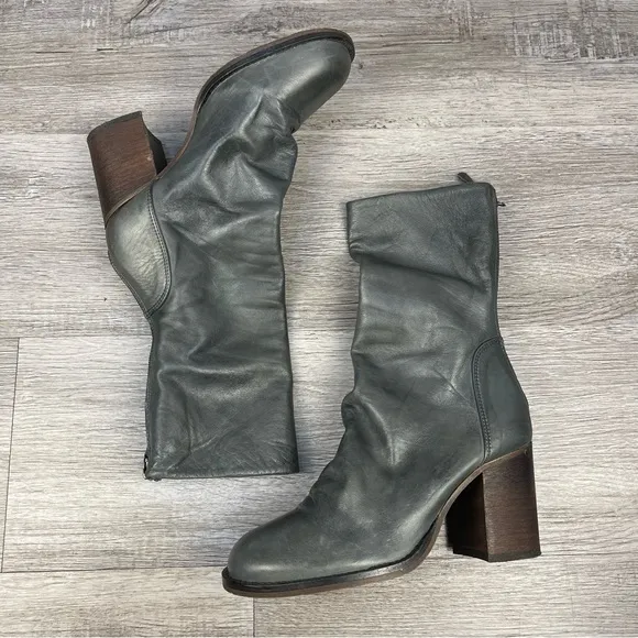 Free People Heeled Boots Slouchy Gray Leather Mid Calf Size 6.5 GUC
