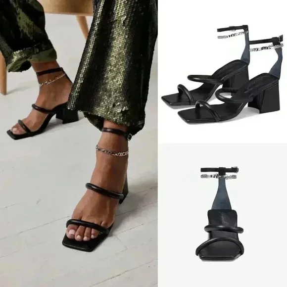 Free People Parker Chain Heels in Black Silver Size 37.5 NWOT $138