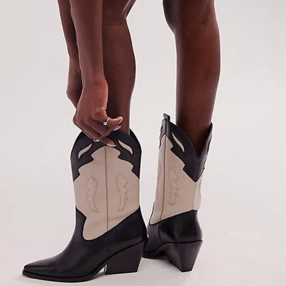 Free People Twin Flames Western Boots Black / Ivory Size 6.5 NIB
