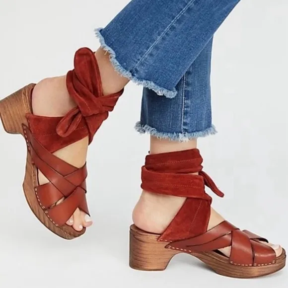 Free People | Women’s rust Emmy suede leather criss cross bridge strap clogs, 7