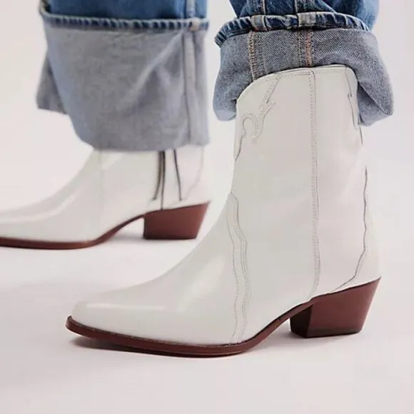 Free People New Frontier White Patent Leather Western Booties OB888602 Size 6