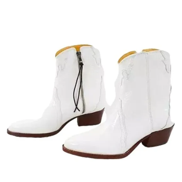 Free People New Frontier White Patent Leather Western Booties OB888602 Size 6
