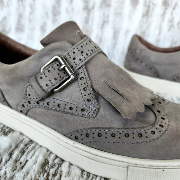 Frye &quot;Gemma Kiltie&quot; Gray Suede Wingtip Fringe Slip On Sneaker | Women's Size 7