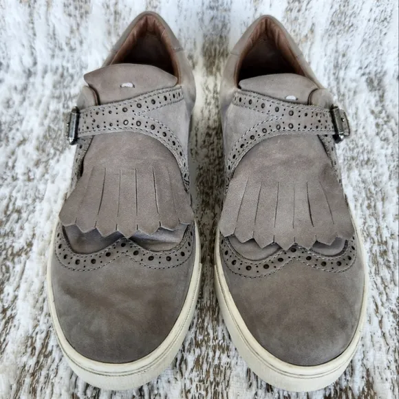Frye &quot;Gemma Kiltie&quot; Gray Suede Wingtip Fringe Slip On Sneaker | Women's Size 7