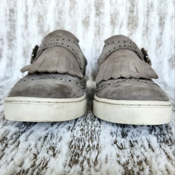 Frye &quot;Gemma Kiltie&quot; Gray Suede Wingtip Fringe Slip On Sneaker | Women's Size 7