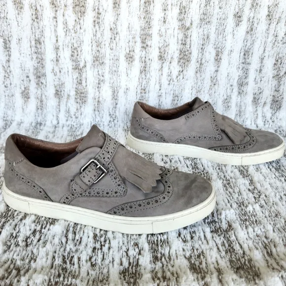 Frye &quot;Gemma Kiltie&quot; Gray Suede Wingtip Fringe Slip On Sneaker | Women's Size 7