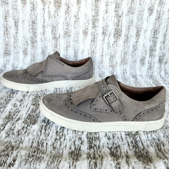 Frye &quot;Gemma Kiltie&quot; Gray Suede Wingtip Fringe Slip On Sneaker | Women's Size 7
