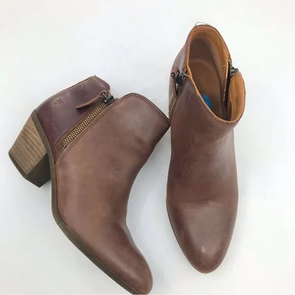 Frye JUDITH Brown Leather Double Zip Heeled Ankle Boots in Wheat