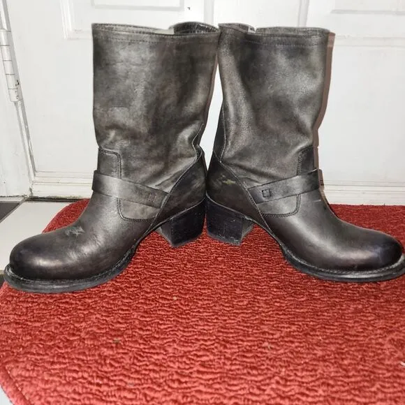 Frye Women's black grey Leather short vera Mid-Calf Boot size 8.5 B goth biker