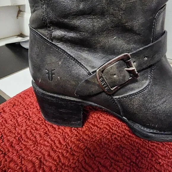 Frye Women's black grey Leather short vera Mid-Calf Boot size 8.5 B goth biker