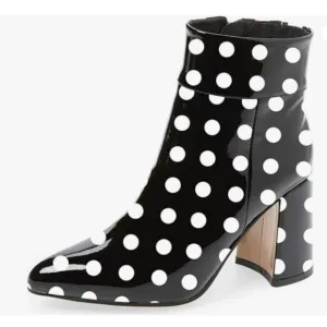 FSJ Black Polka Dots Pointed Toe Block High Heel Ankle Boots Dress Booties