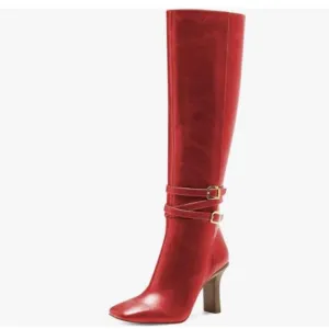 FSJ Darkred Knee High Long Boots Closed Toe Chunky Heel Side Zipper Winter Shoes