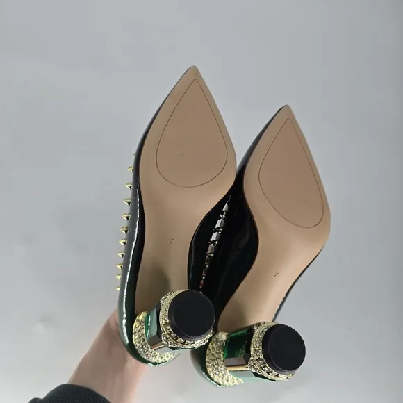 FSJ Women Bridal Pointed Toe Chunky Block High Heel Crystal Pumps Slip on 7