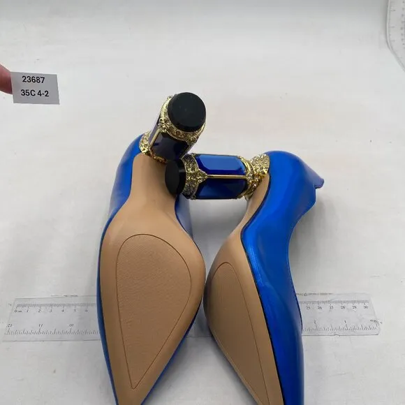 FSJ Women Pointed Toe Crystal High Heel Pumps Slip On Chunky Block Heel Blue