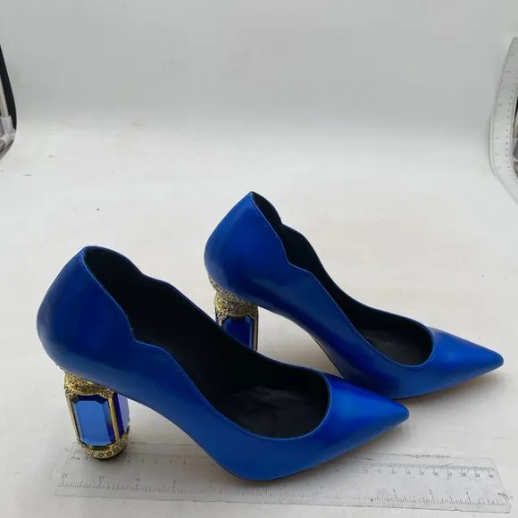 FSJ Women Pointed Toe Crystal High Heel Pumps Slip On Chunky Block Heel Blue