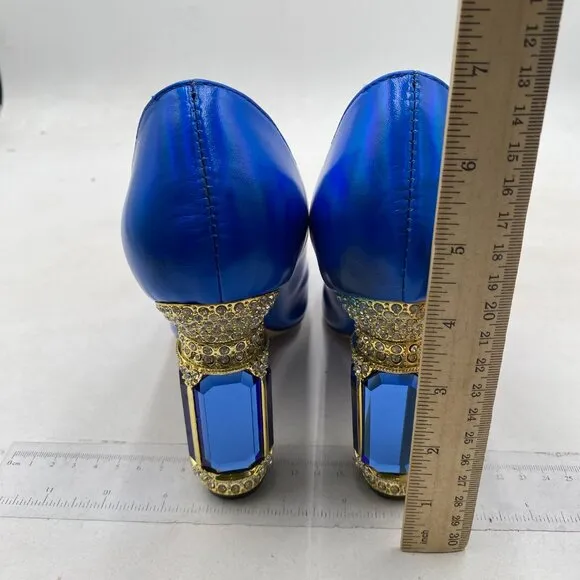 FSJ Women Pointed Toe Crystal High Heel Pumps Slip On Chunky Block Heel Blue