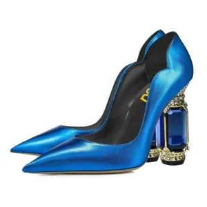 FSJ Women Pointed Toe Crystal High Heel Pumps Slip On Chunky Block Heel Blue
