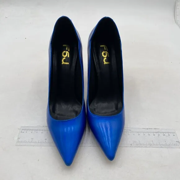 FSJ Women Pointed Toe Crystal High Heel Pumps Slip On Chunky Block Heel Blue