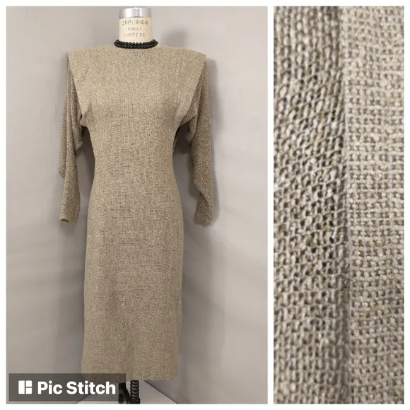 Futuristic Vintage 80's Dress Wide Shoulders Natural Weave Designer Look Mod MCM