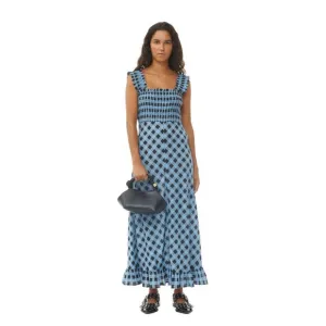 Ganni Checkered Cotton Silk Long Strap Dress Alaskan Blue - US 2