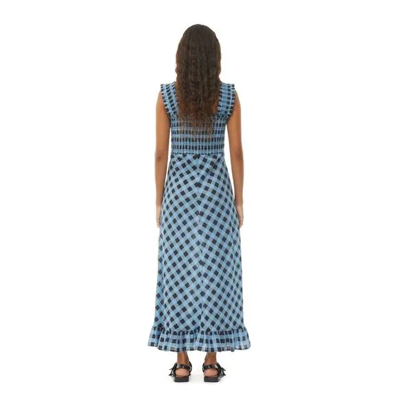 Ganni Checkered Cotton Silk Long Strap Dress Alaskan Blue - US 2