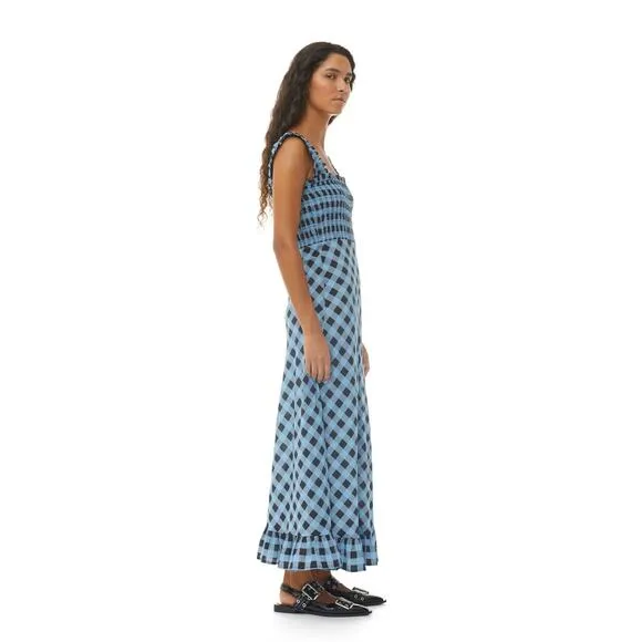 Ganni Checkered Cotton Silk Long Strap Dress Alaskan Blue - US 2