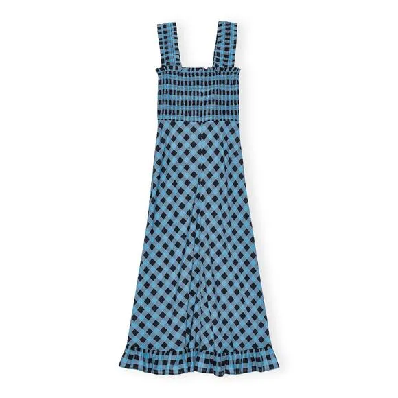 Ganni Checkered Cotton Silk Long Strap Dress Alaskan Blue - US 2