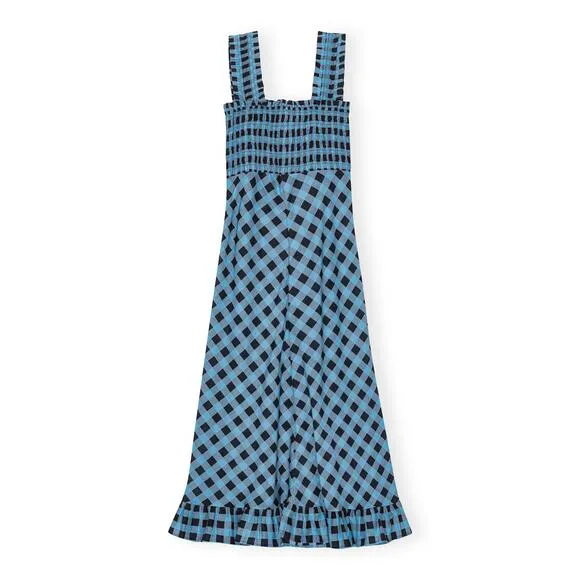 Ganni Checkered Cotton Silk Long Strap Dress Alaskan Blue - US 2