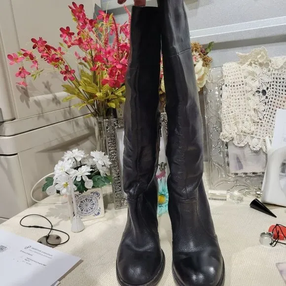 Genuine leather chunky heel boots
