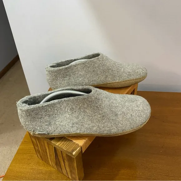 Glerups Slip-On With Leather Sole Slippers Grey Size 45 Men’s 11 100% Wool