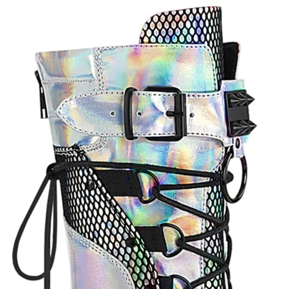 Goth Wedge Platform Hologram Lace Up Calf Boots
