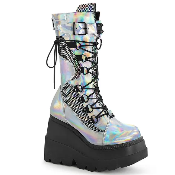 Goth Wedge Platform Hologram Lace Up Calf Boots