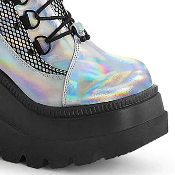 Goth Wedge Platform Hologram Lace Up Calf Boots