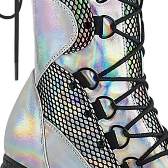 Goth Wedge Platform Hologram Lace Up Calf Boots