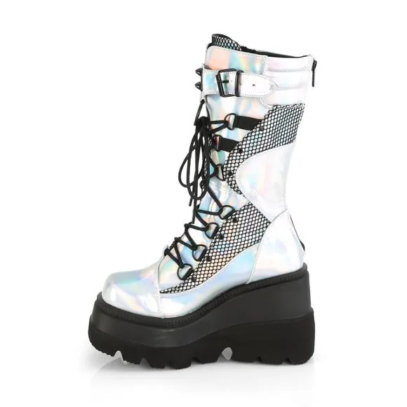Goth Wedge Platform Hologram Lace Up Calf Boots