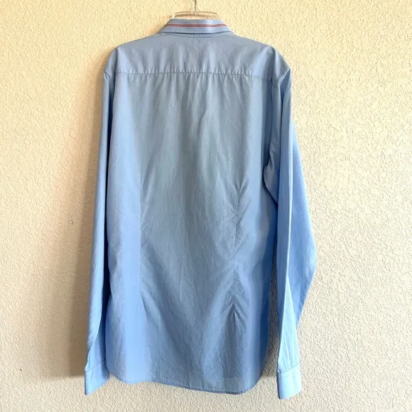 Gucci Blue Cotton Vintage Logo Web Stripe Brodered Collar Slim Fit Dress Shirt