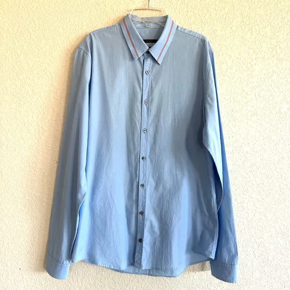 Gucci Blue Cotton Vintage Logo Web Stripe Brodered Collar Slim Fit Dress Shirt