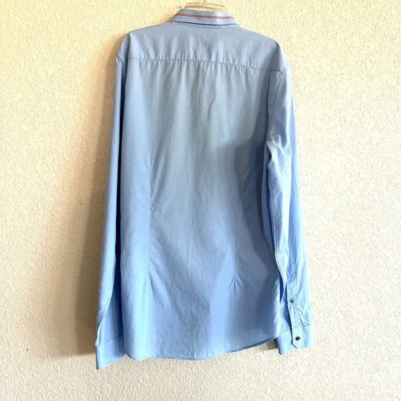 Gucci Blue Cotton Vintage Logo Web Stripe Brodered Collar Slim Fit Dress Shirt