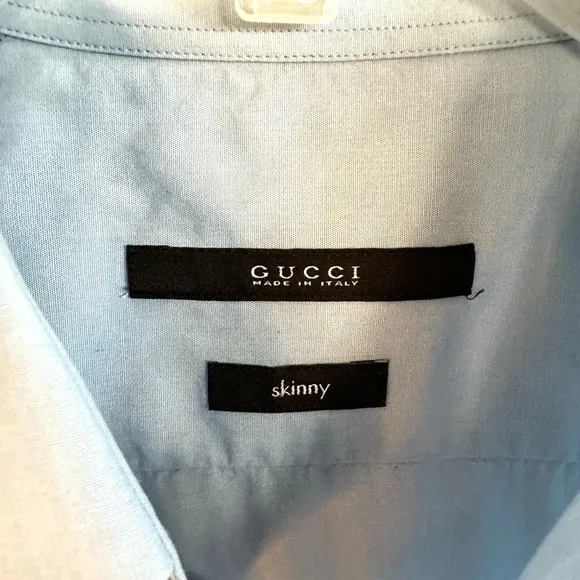 Gucci Blue Cotton Vintage Logo Web Stripe Brodered Collar Slim Fit Dress Shirt