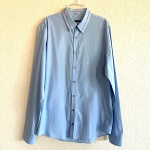 Gucci Blue Cotton Vintage Logo Web Stripe Brodered Collar Slim Fit Dress Shirt