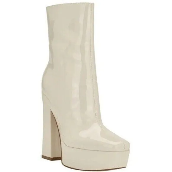 Guess Womens Byra Ivory Patent Square Toe Block Heel Mid-Calf Boots Shoes 10