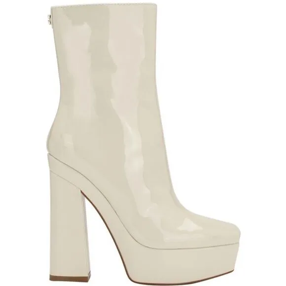 Guess Womens Byra Ivory Patent Square Toe Block Heel Mid-Calf Boots Shoes 5.5