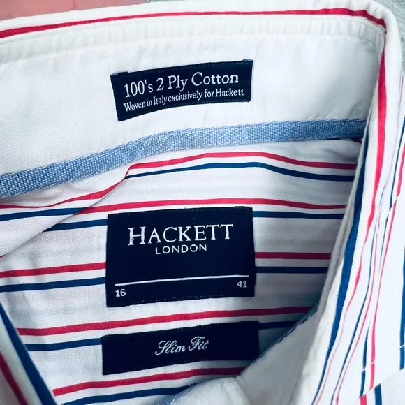 Hackett London White w/ Red &amp; Blue Stripe Slim Shirt 16 34/35