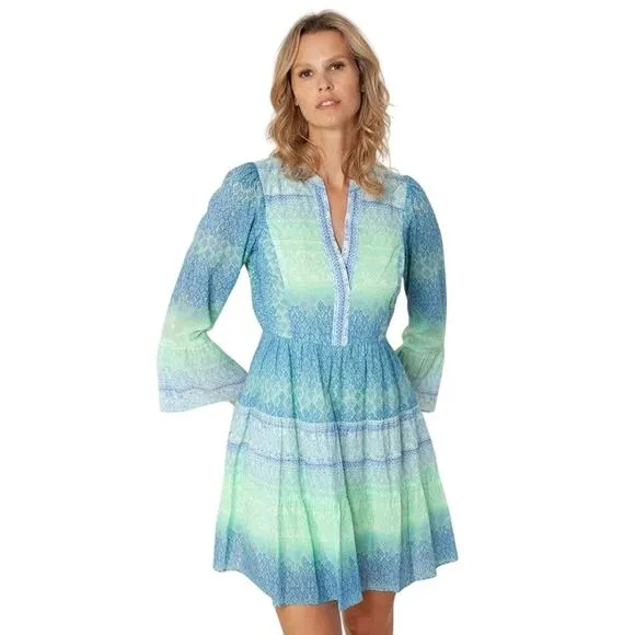 Hale Bob Womens Marin Voile Green Blue Dress 100% Cotton Size Medium