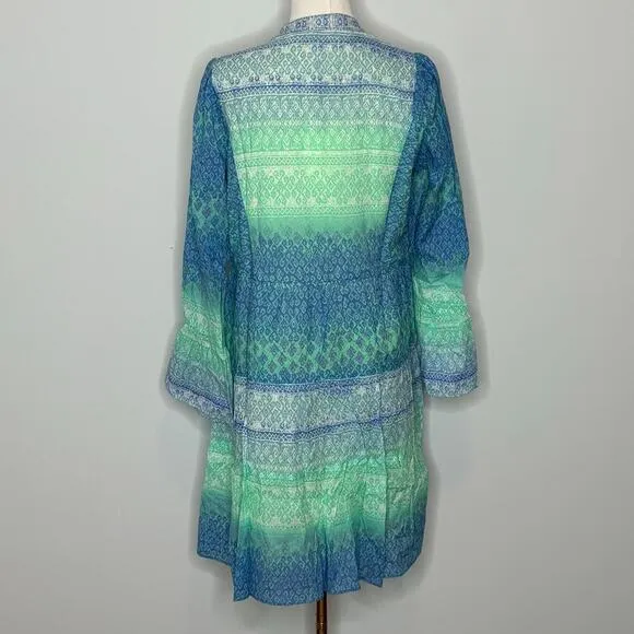 Hale Bob Womens Marin Voile Green Blue Dress 100% Cotton Size Medium