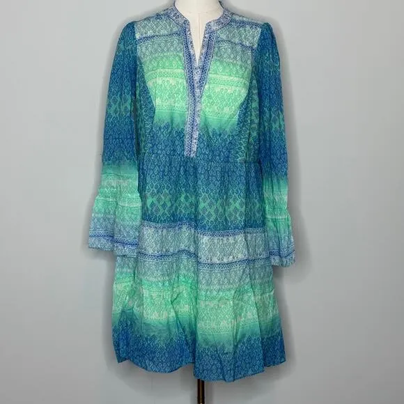 Hale Bob Womens Marin Voile Green Blue Dress 100% Cotton Size Medium