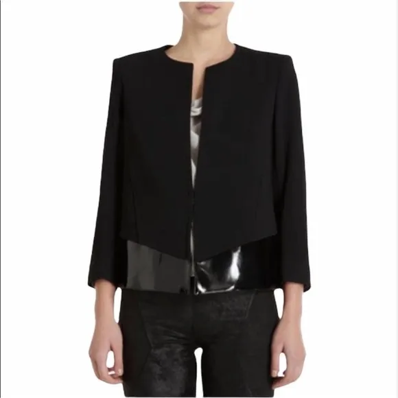 Helmut Lang Black Angora Blend Faux Patent Leather Trim Blazer Size: 8